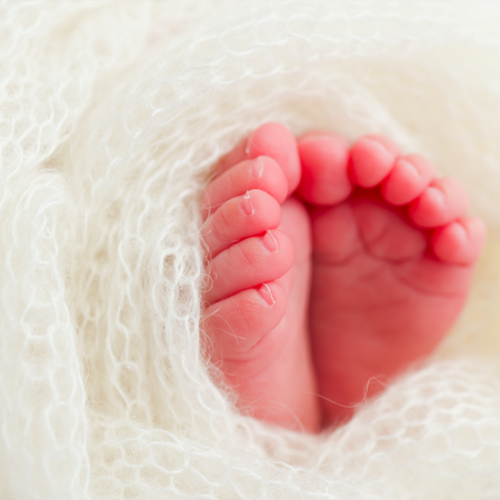 Newborn babies feet wrapped in a soft blanket