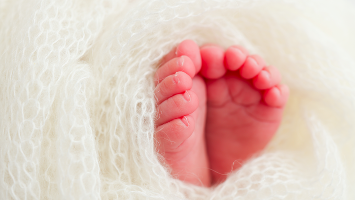 Newborn babies feet wrapped in a soft blanket