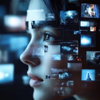 3d style image of a young girl with a view of her thinking of different screen options