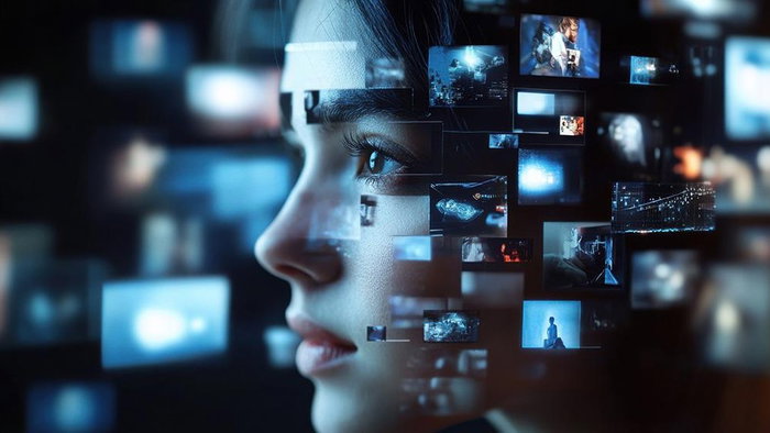 3d style image of a young girl with a view of her thinking of different screen options