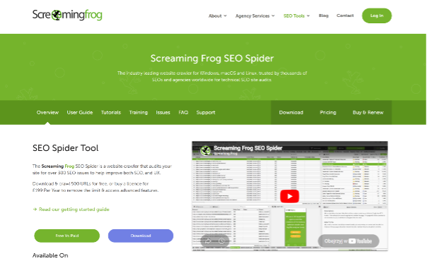 Screenshot view from screaming frog