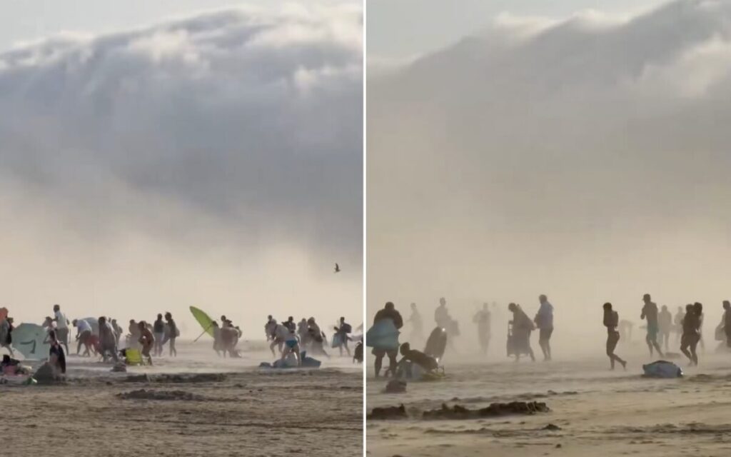 Sudden weather flip brings coastline chaos: French beach hit by sand storm and flying parasols