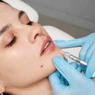 Young female having filler injected to her lips