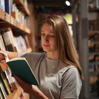 Woman browsing books in a second hand bookshop as AI firms reportedly buy out of print titles for data.