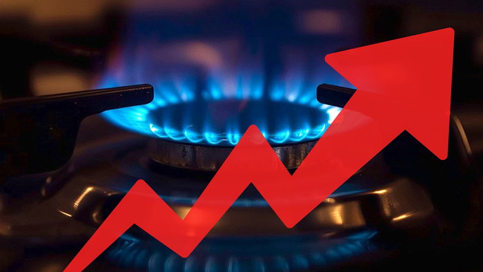 Gas cooker flame with an upward arrow illustrating rising gas prices in Spain.
