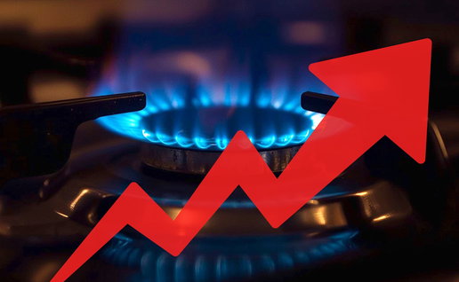 Gas cooker flame with an upward arrow illustrating rising gas prices in Spain.