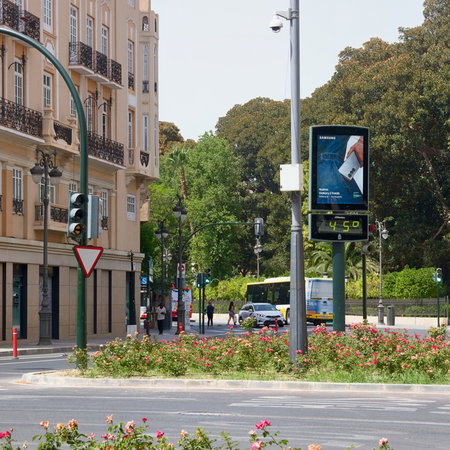 A digital street thermometer displays 45°C in a Spanish city as hot weather grips the country during the summer.