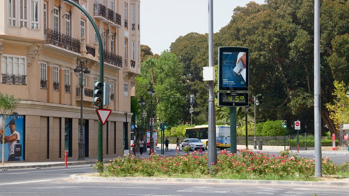 A digital street thermometer displays 45°C in a Spanish city as hot weather grips the country during the summer.