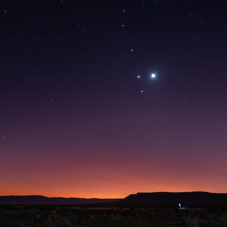 A rare planetary alignment shines above the horizon at dusk, with several bright planets visible in the night sky.