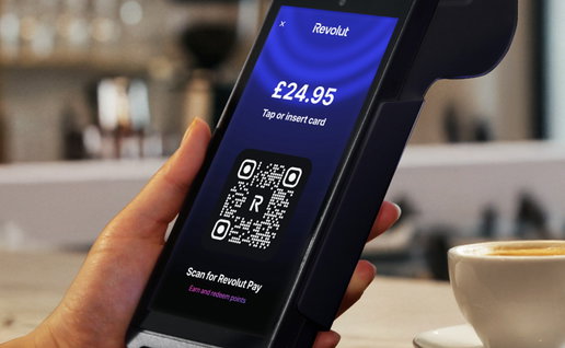 Revolut Pay displayed on a payment terminal, allowing customers to pay quickly using a QR code.