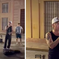 Incredible moment Robbie Williams starts performing with a busker in Seville