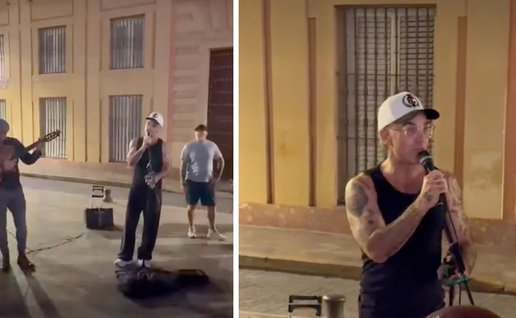 Incredible moment Robbie Williams starts performing with a busker in Seville