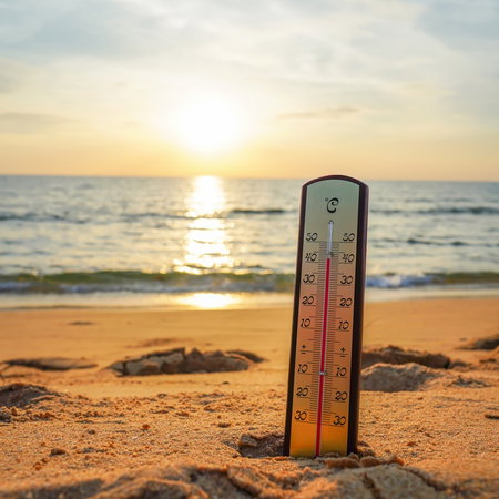 A thermometer stands on a sandy beach beside the sea, illustrating warm coastal waters during the Spanish summer.