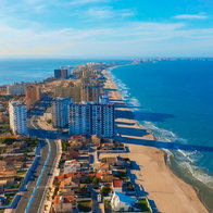 Panoramic view of streets, roads and buildings foreland La Manga del Mar Menor, Cartagena, Murcia, Spain