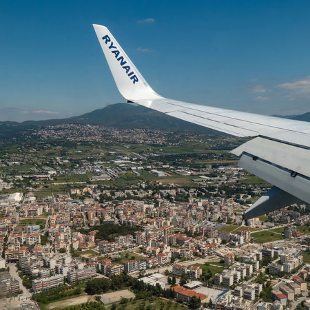 Ryanair flight over Thessaloniki.