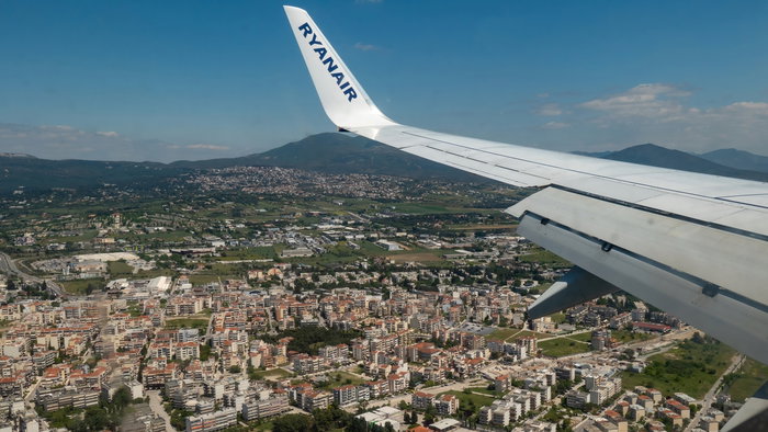 Ryanair flight over Thessaloniki.
