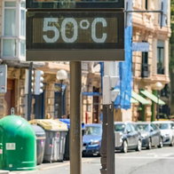 A digital street thermometer in Spain displays 50°C during an intense summer heatwave as record temperatures grip the country.