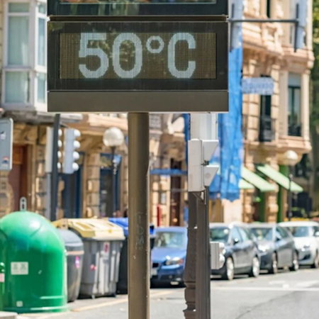 A digital street thermometer in Spain displays 50°C during an intense summer heatwave as record temperatures grip the country.