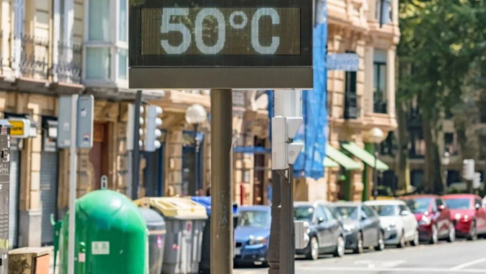 A digital street thermometer in Spain displays 50°C during an intense summer heatwave as record temperatures grip the country.