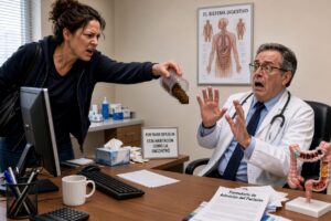 An angry woman emptying her stool sample on the doctors desk with a terrified looking doctor