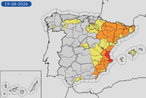 A map of Spain by AEMET showing the areas of the country that are on yellow and red alerts due to extreme heat.