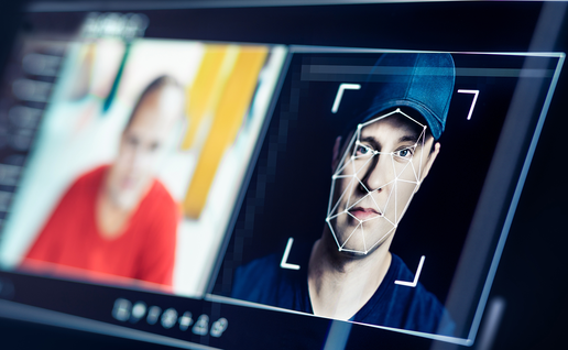 A facial recognition wireframe overlaid on a man's face next to a second, blurred portrait, illustrating AI-based identity manipulation.