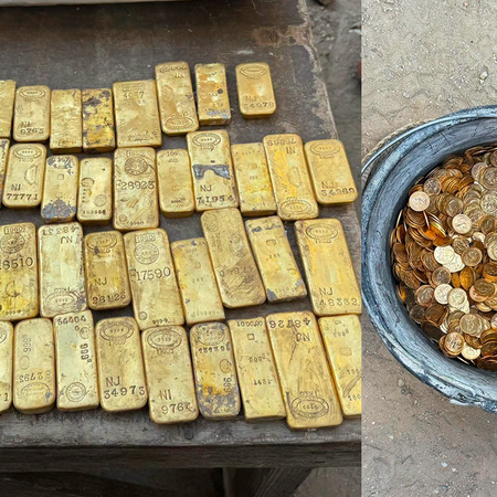 Gold bars laid out and a bucket bull of gold coins.