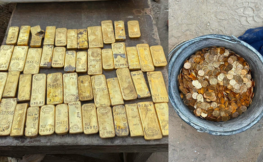 Gold bars laid out and a bucket bull of gold coins.