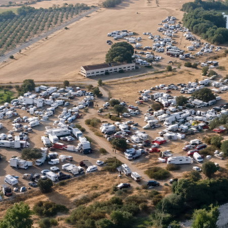 Aerial view of a large rural campsite packed with hundreds of white RVs, vans and cars near a building, dry fields, trees and a small lake, with Guardia Civil logo.