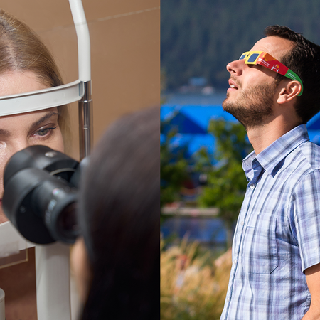 Split image showing a woman having her eyes examined with a slit lamp, and a man wearing eclipse glasses looking up at the sun.