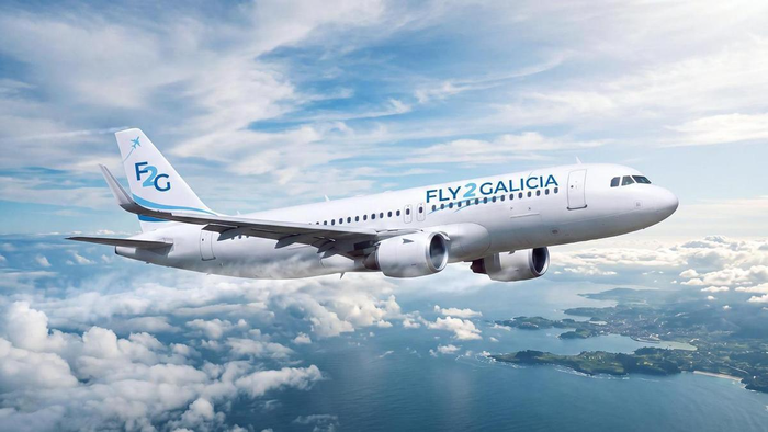 AI-generated image of an Airbus A320 in Fly2Galicia livery, the aircraft type the new airline will use on its routes.