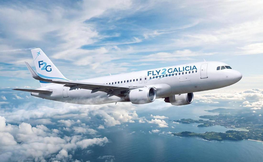 AI-generated image of an Airbus A320 in Fly2Galicia livery, the aircraft type the new airline will use on its routes.