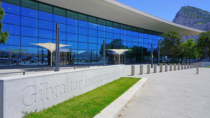 Outside view of the Gibraltar airport façade.