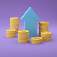 Stack of coins with a blue arrow in the middle indicating movement upwards