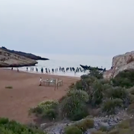 Aerial view of a small cove where dozens of people wade through shallow water from a landed boat towards a sandy beach, flanked by rocky headlands.