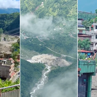 Three images of the Nepal floods: a town submerged in brown floodwater beneath forested hills, an aerial view of a debris-strewn river valley shrouded in mist, and a helicopter hovering beside a rooftop to lift people to safety.