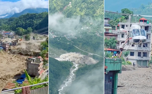 Three images of the Nepal floods: a town submerged in brown floodwater beneath forested hills, an aerial view of a debris-strewn river valley shrouded in mist, and a helicopter hovering beside a rooftop to lift people to safety.