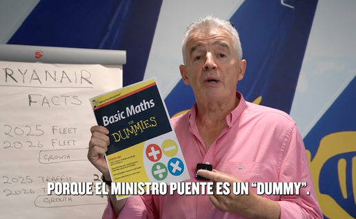 Michael O'Leary holding a book called "Math for Dummies" in front of a Ryanair branded wall during his speech in a recent YouTube video.