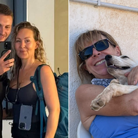 On the left, a picture taken of Shaun and Emily. On the right, a picture of Paula hugging a dog.