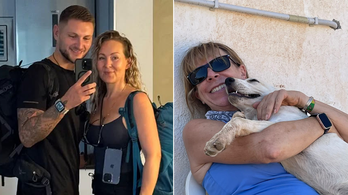On the left, a picture taken of Shaun and Emily. On the right, a picture of Paula hugging a dog.