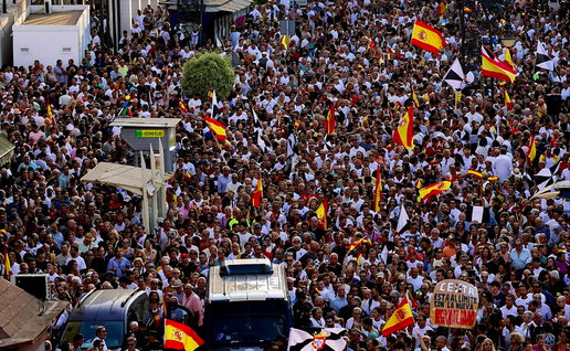 Large crowd of people waving Spanish flags at a street demonstration, with police vans in the foreground.