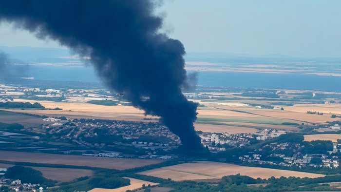 Aerial view of a town with a large thick black smoke plume rising into the sky over fields and houses.