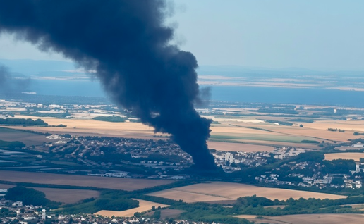 Aerial view of a town with a large thick black smoke plume rising into the sky over fields and houses.