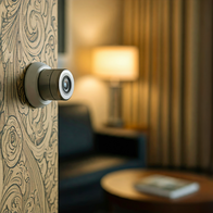 A small camera hidden on the wall of a hotel bedroom