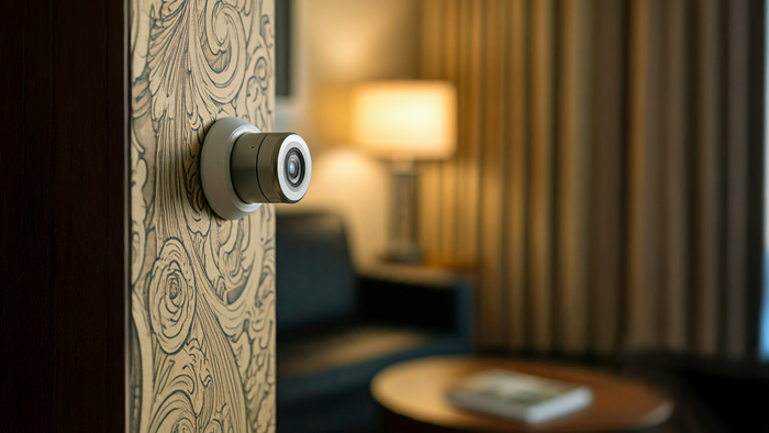 A small camera hidden on the wall of a hotel bedroom