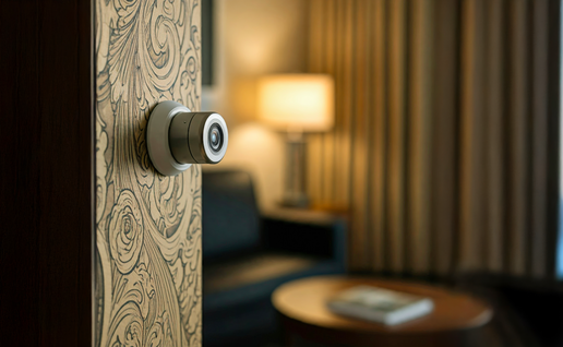 A small camera hidden on the wall of a hotel bedroom