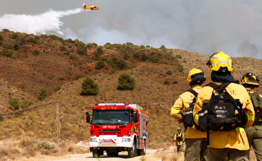 Firefighters in Spain fighting a forest fire with a fire truck in the background