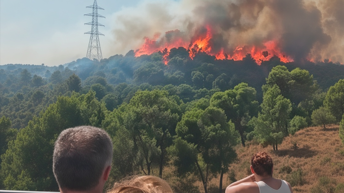 onlookers watching as flames from wildfire tear through scrubland in Barcelona