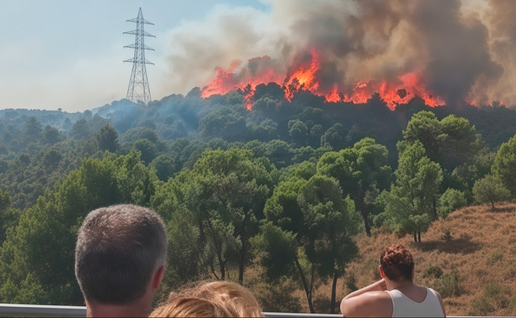 onlookers watching as flames from wildfire tear through scrubland in Barcelona