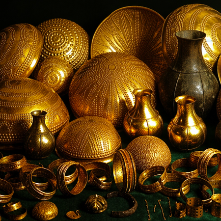 Collection of ancient gold bowls, vases, bracelets, and ornaments arranged on a dark green surface.